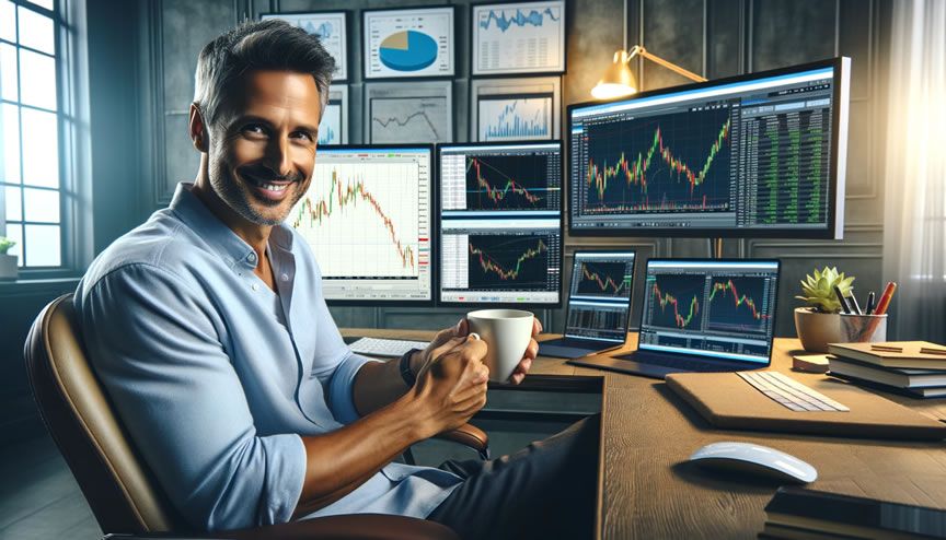 Relaxed trader sitting as his desk