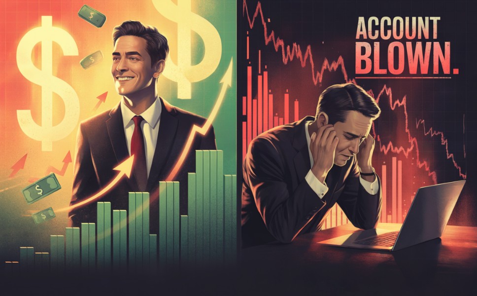 Featured Image: Split-screen visual showing a confident trader on the left with dollar signs and upward arrows, contrasted with a stressed trader on the right surrounded by red charts and "ACCOUNT BLOWN" text
